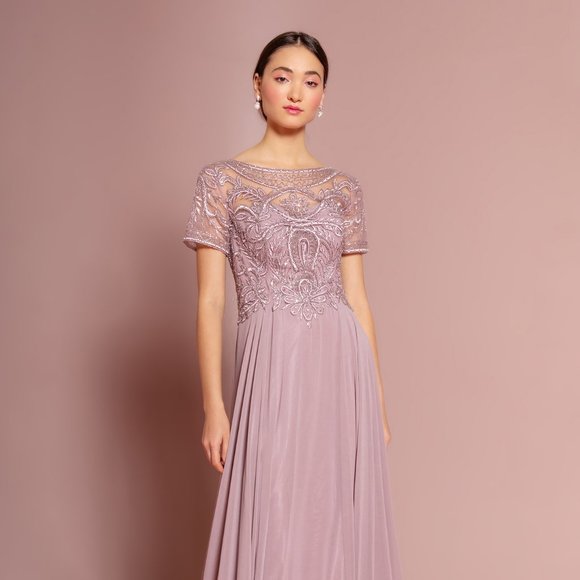 NEW LONG CHIFFON A-LINE DRESS WITH CAP SLEEVES EMBROIDERED WITH LACE GL2683